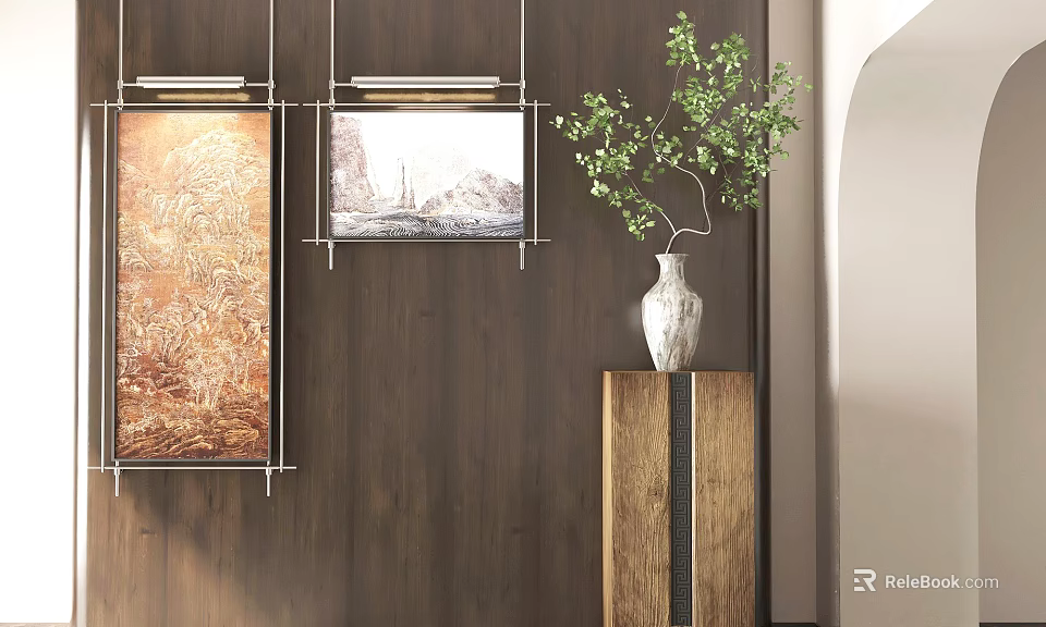 Interior Decor With Landscape Paintings And Vase Plant 3d model 