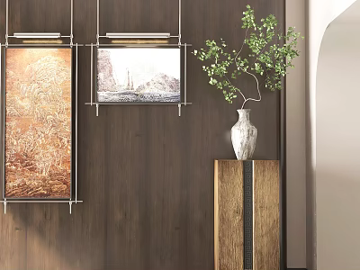Interior Decor With Landscape Paintings And Vase Plant 3d model