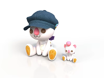 Cute Plush Toys With Blue Hat Pink Nose Yellow Paws And Small White Kitten 3d model