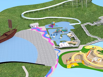 Amusement Park With Roller Coaster Water Play Area Green Lawns Children's Play Zones And Pathways 3d model