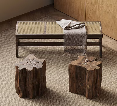Natural Style Wooden Bench With Woven Surface And Tree Stump Stools On Wool Rug 3d model