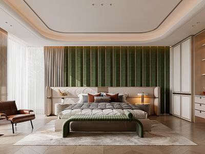 Modern Bedroom Interior Design With Green Striped Wall Large Bed And Soft Rug 3d model