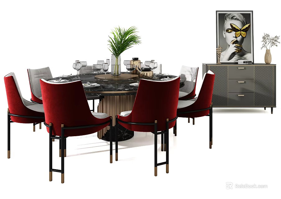 Round Dining Table Set With Red Chairs Marble Top And Sideboard Cabinet Decorations 3d model