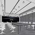 Modern Conference Room With Long Table White Chairs Ceiling Lighting And World Map Backdrop 3d model