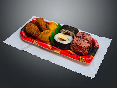 Assorted Japanese Sushi And Fried Items On Red Tray With White Paper 3d model