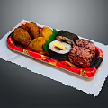 Assorted Japanese Sushi And Fried Items On Red Tray With White Paper