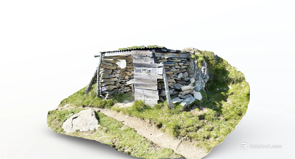 Traditional Stone And Wooden Hut Nestled In Grassy Natural Surroundings With Pathway And Greenery 3d model 