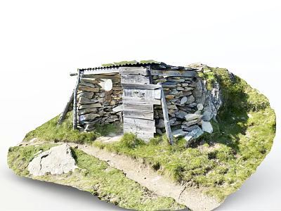 Traditional Stone And Wooden Hut Nestled In Grassy Natural Surroundings With Pathway And Greenery 3d model