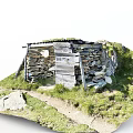 Traditional Stone And Wooden Hut Nestled In Grassy Natural Surroundings With Pathway And Greenery