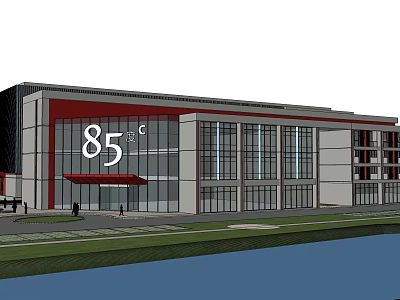 Modern Fire Station Exterior With Large Glass Windows Red Accents And Entrance Design 3d model