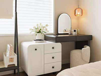 Elegant White Dressing Vanity With Drawers Round Mirror Pendant Lamp And White Flowers Near Stool In Bedroom 3d model