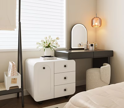 Elegant White Dressing Vanity With Drawers Round Mirror Pendant Lamp And White Flowers Near Stool In Bedroom 3d model