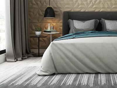 Modern Double Bed With Geometric Wall Gray Bedding Pillows And Side Table Lamp 3d model
