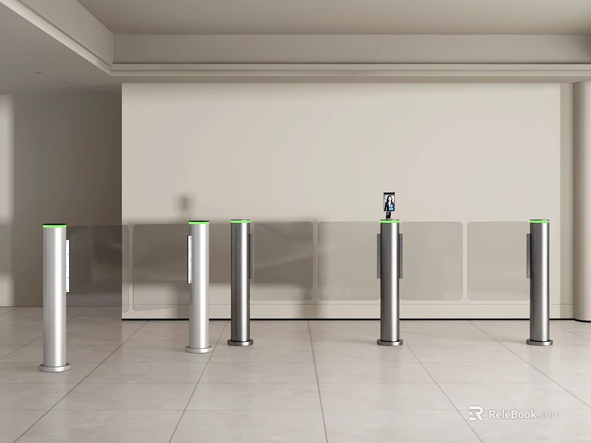 Public Facility Automatic Turnstiles With Silver Body And Green Indicator Lights In Indoor Hall 3d model 