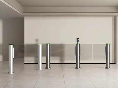 Public Facility Automatic Turnstiles With Silver Body And Green Indicator Lights In Indoor Hall 3d model