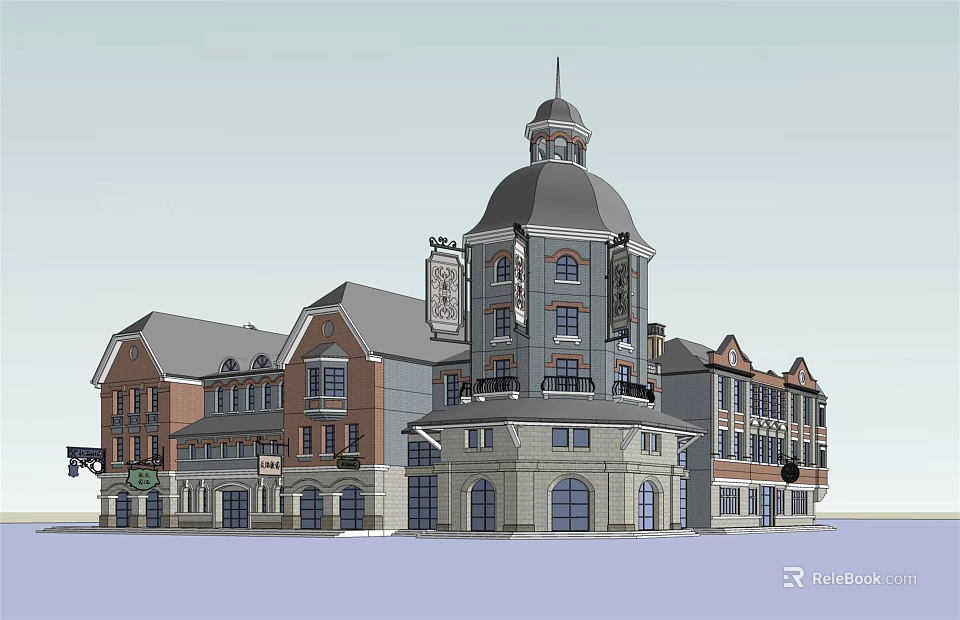 Historic Commercial Street With Dome Clock Tower Red Brick And Multi Story Buildings 3d model 