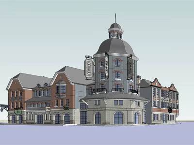 Historic Commercial Street With Dome Clock Tower Red Brick And Multi Story Buildings 3d model