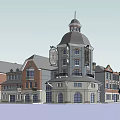 Historic Commercial Street With Dome Clock Tower Red Brick And Multi Story Buildings