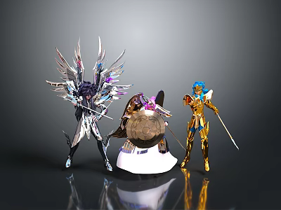 Warrior Action Figure Models Featuring Silver Gold Purple Blue Details Turtle Like Base And Weapons 3d model