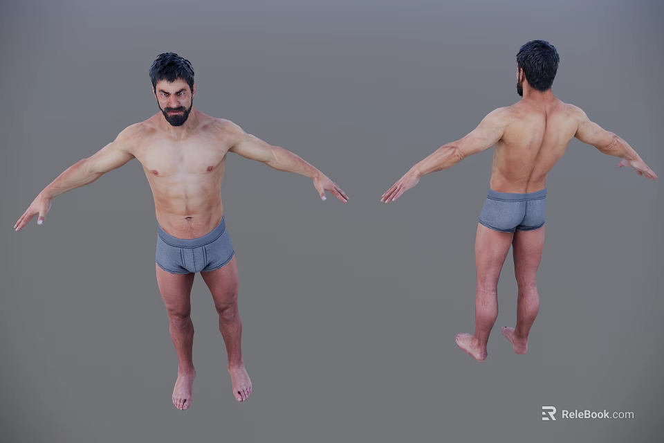 Fit Shirtless Man In Gray Underwear With Arms Outstretched Front And Back View 3d model 