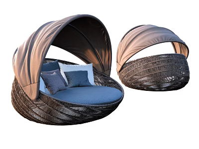 Round Rattan Outdoor Sofa With Canopy Blue Cushions And Pillows 3d model
