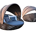 Round Rattan Outdoor Sofa With Canopy Blue Cushions And Pillows