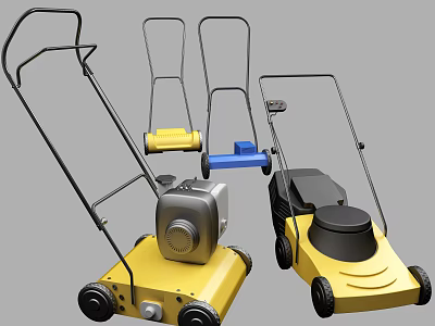 Yellow Blue And Black Agricultural Lawn Mowers With Handles Engines And Wheels 3d model