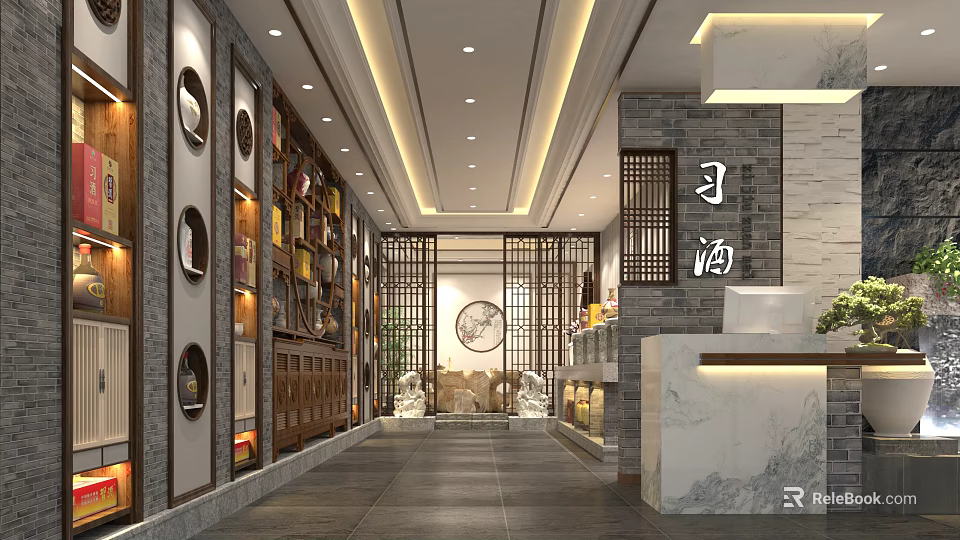 Chinese Style Cigarette and Alcohol Store Interior with Shelves Displayed Products and Counter 3d model 