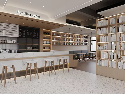 Book Art Reading Room Interior Design With Wooden Bookshelves Coffee Bar And Stools 3d model