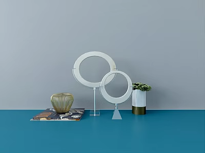 Stylish Tabletop Ornament Decor Set With Circular Rings Golden Vase And Green Plant 3d model