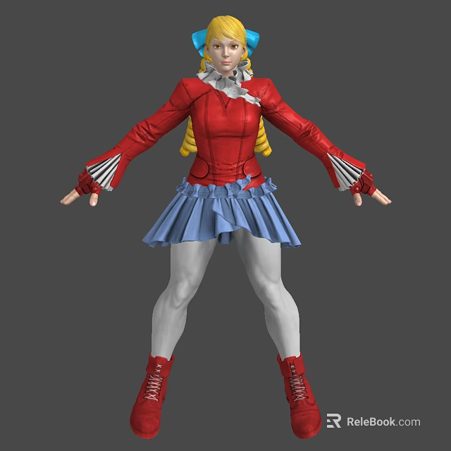 3D Anime Human Character With Red Coat Blue Skirt And Yellow Pigtails Design 3d model 