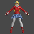 3D Anime Human Character With Red Coat Blue Skirt And Yellow Pigtails Design