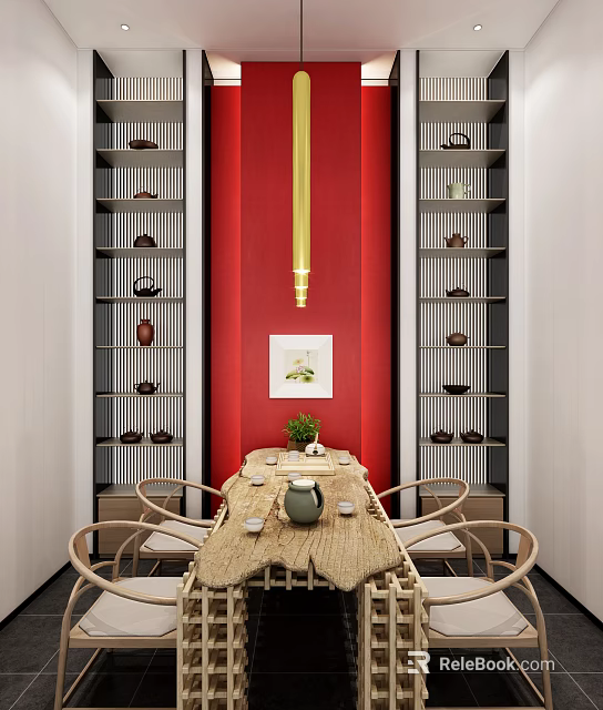 Traditional Tea Table and Chairs with Red Wall Hanging Lamp Tea Sets and Green Plant 3d model 