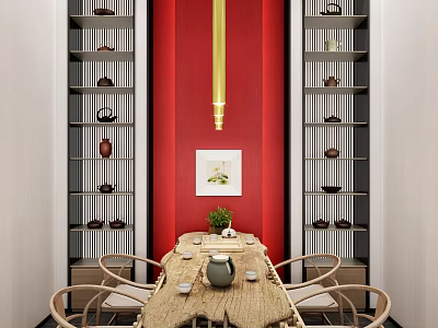 Traditional Tea Table and Chairs with Red Wall Hanging Lamp Tea Sets and Green Plant 3d model
