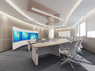 Modern Conference Room Interior Design With Long Table Ergonomic Chairs Smart Screens And Pendant Lights 3d model