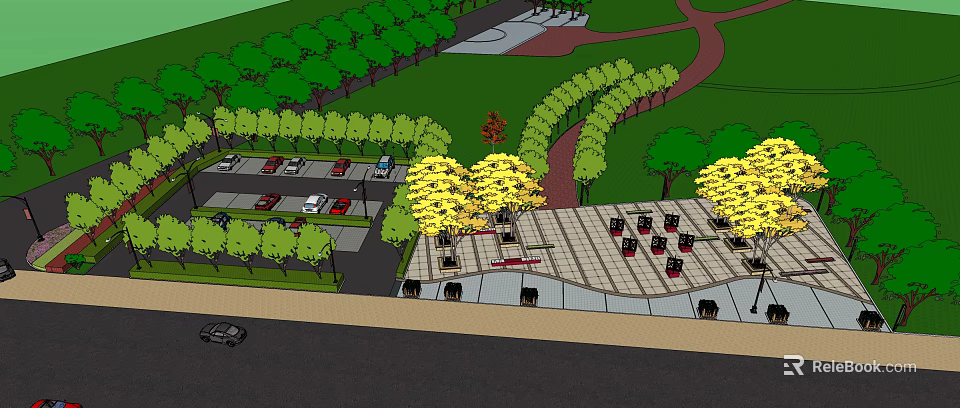 Parking Lot With Parked Cars Lush Green Trees And Walking Path 3d model 