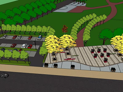 Parking Lot With Parked Cars Lush Green Trees And Walking Path 3d model