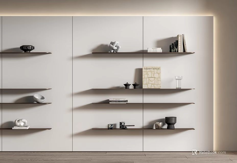 Minimalist White Wall Cabinets With Multiple Shelves Holding Decorative Bowls Books And Sculptures 3d model 