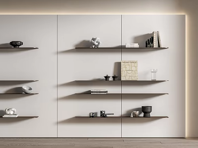 Minimalist White Wall Cabinets With Multiple Shelves Holding Decorative Bowls Books And Sculptures 3d model