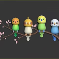 Four Colorful Game Movie Characters Perched on Branch with Pink Blossoms and Reflections