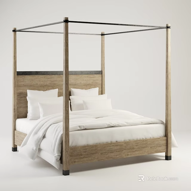 Modern Four Poster Double Bed With Wooden Headboard And White Bedding 3d model 