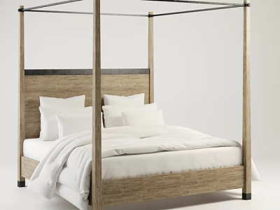 Modern Four Poster Double Bed With Wooden Headboard And White Bedding 3d model