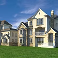 Luxurious Detached Single Family Houses On Green Lawn With Multiple Roofs And Porches