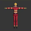 Game and movie character in red firefighter uniform with yellow helmet red star outstretched arms