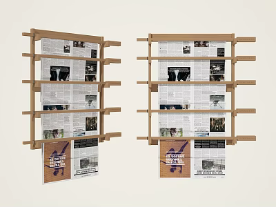 Two Wooden Bookshelves With Multiple Shelves Holding Newspapers Magazines And Patterned Cloth Bag Hanging Below 3d model