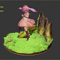Anime Female Character Figurine With Green Grass Base Rock Pink Dress Rabbit Ears Brown Boots