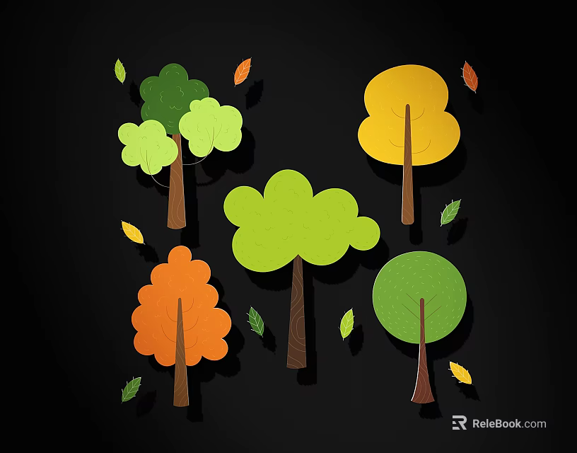 Colorful Decorative Trees With Various Leaf Shapes And Fallen Leaves Design 3d model