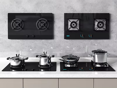 Modern Kitchen Gas Stove Tops With Stainless Steel Pots And Pans 3d model