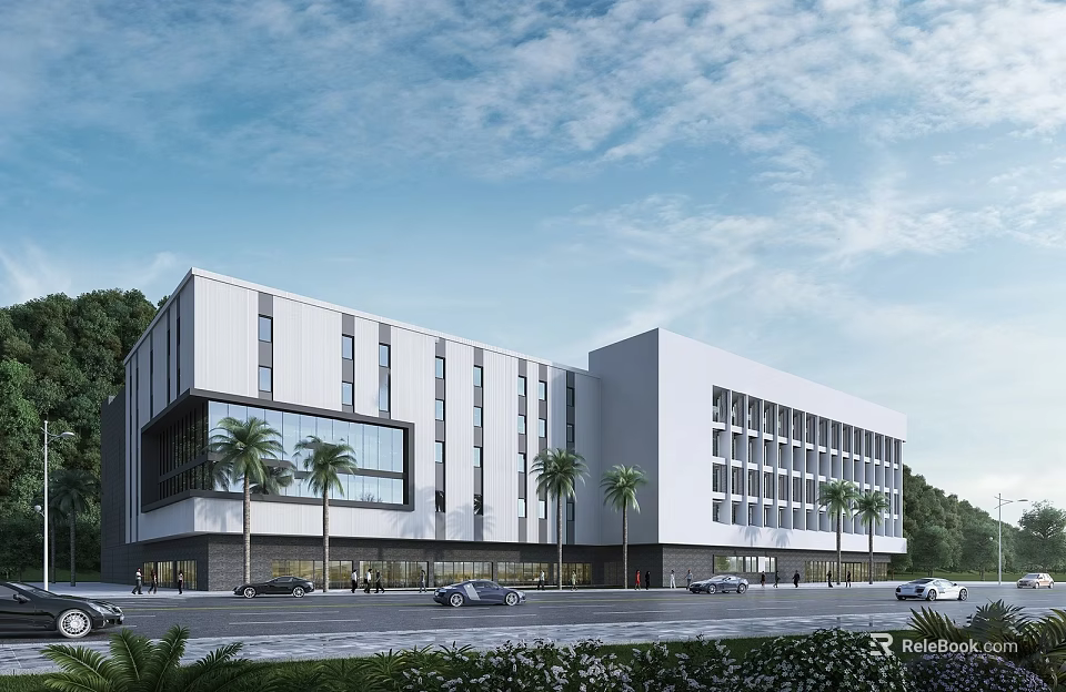 Modern White Office Building Exterior Design With Glass Windows Palm Trees And Blue Sky 3d model 