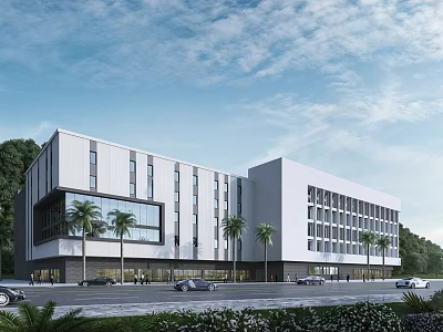 Modern White Office Building Exterior Design With Glass Windows Palm Trees And Blue Sky 3d model